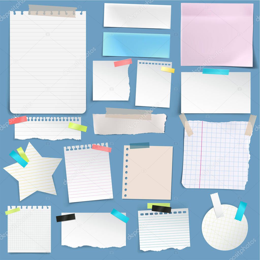 Set of different coloured sheets of note papers vector isolated icons, memo messages and notepaper with adhesive sticker tapes. Bookmarks and reminder messages