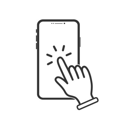 Akıllı telefon, parmak tıklama vektörü. Elle akıllı telefon ekranı, dokunmatik ekran simgesi