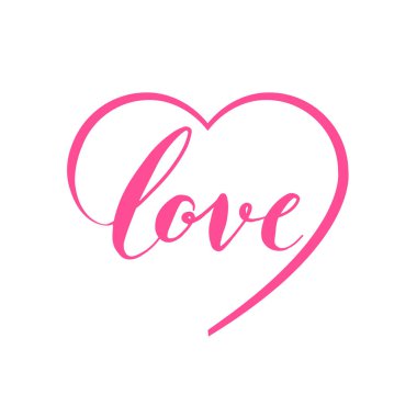 Kırmızı Kaligrafi kelime: Aşk. Vektör Sevgililer Günü El Yazması. Kalp Tatili Tasarım Sevgililer Günü kartı. İnternet, düğün ve basım için bir dekor. İzole illüstrasyon