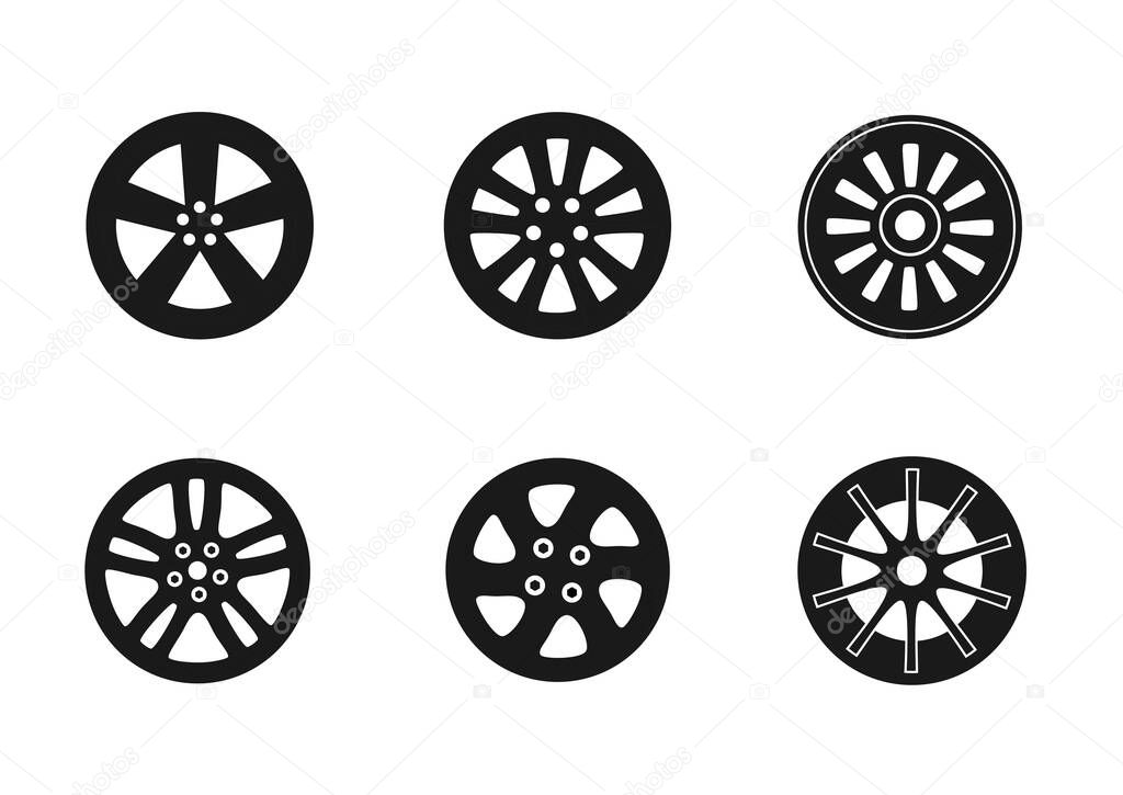 Vector black wheel, rims, disks icons set