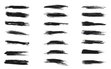 Renkli fırça darbeleri koleksiyonu. Kaligrafi, düz karalama, pul, satır. El çizimi mürekkep çizimi beyaz arka planda izole edilmiş. Vektör siyah boya, mürekkep fırçası darbesi, çizgi veya doku