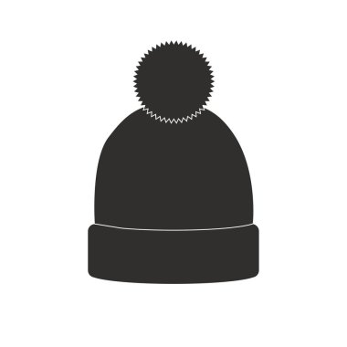 Kış şapkası ikonu. Basit düz dizayn vektörü, özet. Beyaz arka planda izole edilmiş ponpon ile. Grafik, web, logo, uygulama, UI için resim. Giyim sembolü.