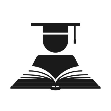 Mezuniyet şapkası veya şapkasında insan simgesi olan eğitim logosu kavramı ve açık kitap sayfaları.