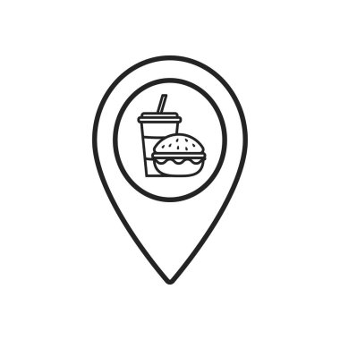 Yemek, hamburger ya da su, restoran lokasyon iğnesi, işaret simgesi, düz sembol. Vektör