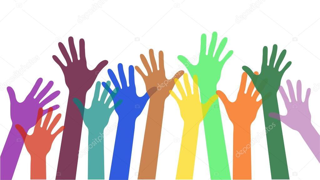 Colourful overlapping silhouettes of hands raised, donation and charity concept. Hands up vector illustration