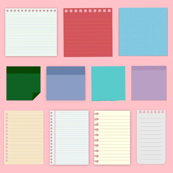 Set Kleurenplaten Van Notitiepapieren Stukjes Kleurrijk Papier Notitieboekjes Roze Ondergrond — Stockvector