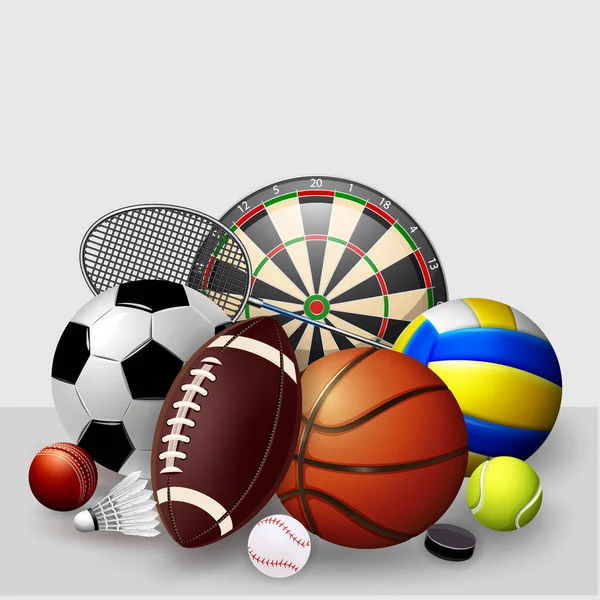 Equipamiento Deportivo Con Balón Baloncesto Baloncesto Fútbol Tenis Pelota Golf — Vector de stock