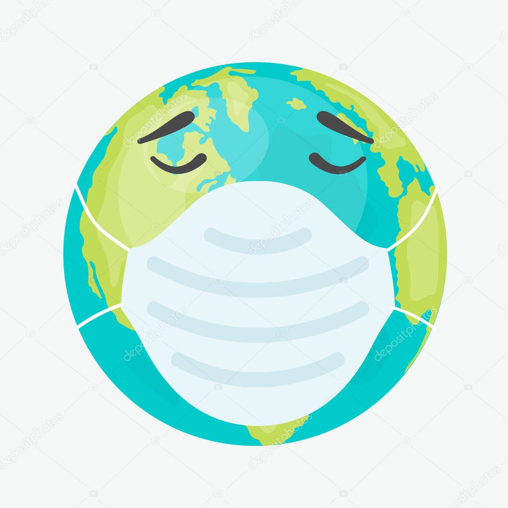 Sad planet earth wearing protective face masks. Vector Illustration