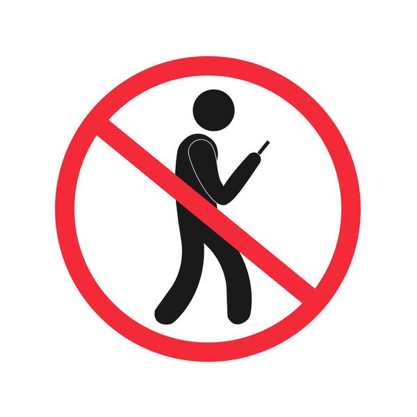 No texting while walking round sign with white background - sign means texting is prohibited while walking - No texting, sms, surf the web while walking allowed vector