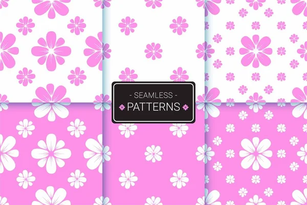 Eps 10のピンクの花のシームレスなパターンのセット このパターンは パターンフィル ウェブページの背景 パッケージ バナー 招待状 ファブリックプリントに使用できます — ストックベクタ
