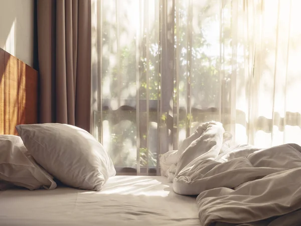 Bed Mattress Pillows Mess Bedroom Morning Sunlight — Stok Foto