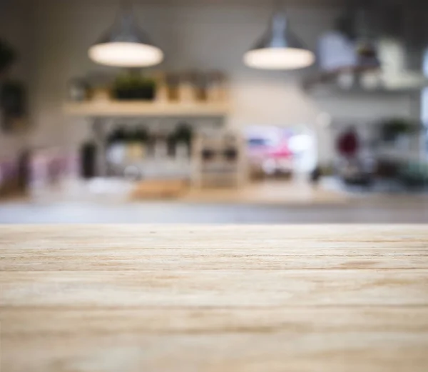 Table Top Wooden Counter Blur Kitchen Pantry Shelf Lighting Background — Stock Photo, Image