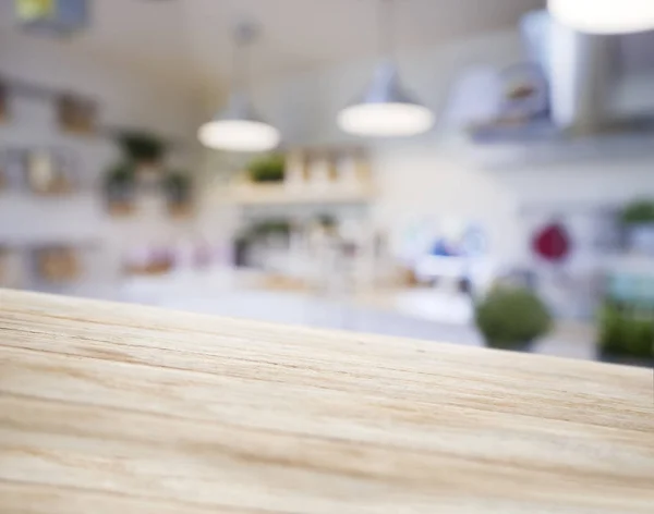 Table Top Wooden Counter Blur Kitchen Pantry Shelf Lighting Background — Stock Photo, Image