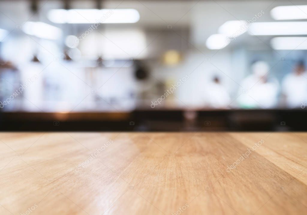 Table Top counter with Blur Cafe Restaurant Interior background