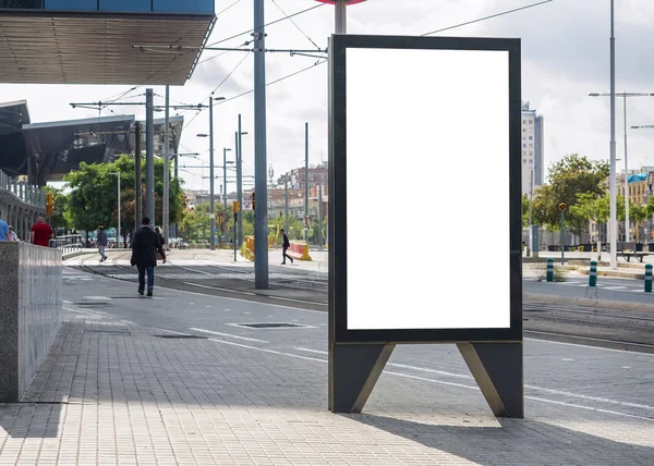 Mock up Banner stand Media outdoor people walking City street — Stock Photo, Image