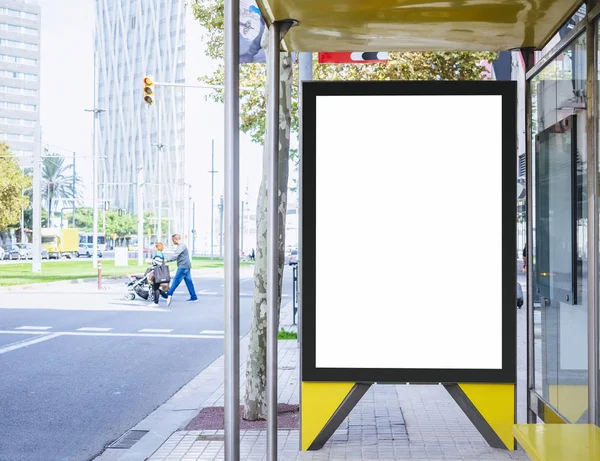 Mock up Banner template at Bus Shelter Media outdoor City street — Stock Photo, Image