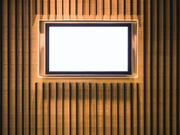 Mock up Schermo digitale Display multimediale Edificio interno Parete di legno — Foto Stock