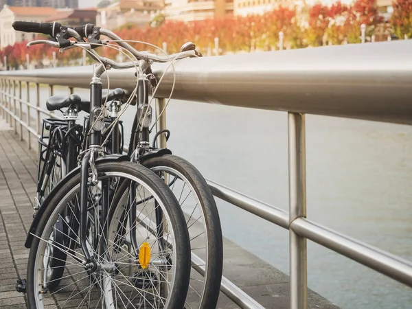 Bicycles park beside river view travel lifestyle in Europe — Stock Photo, Image