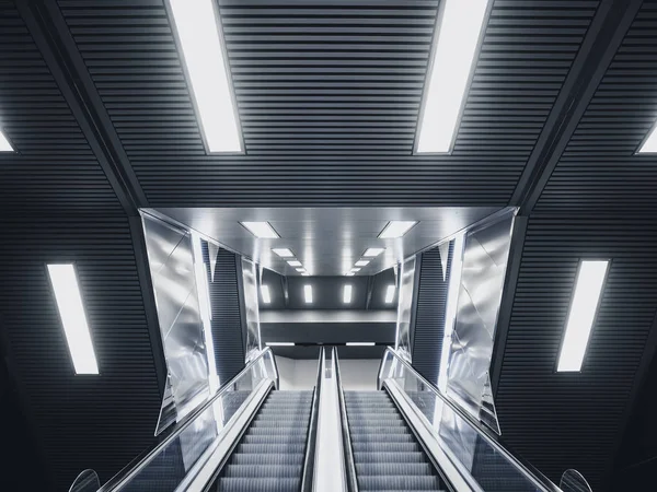 Escalera mecánica en edificio moderno Luz de neón Interior Edificio moderno —  Fotos de Stock