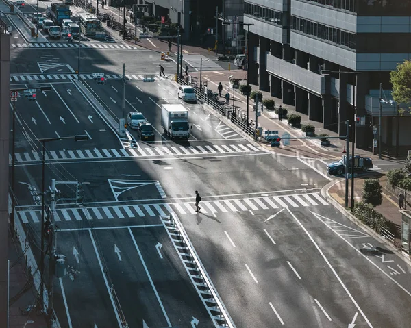 Osaka, Japonia-kwi 18, 2017: Osaka City Street transport samochodowy Dzielnica biznesowa ludzie chodzą na crosswalk — Zdjęcie stockowe