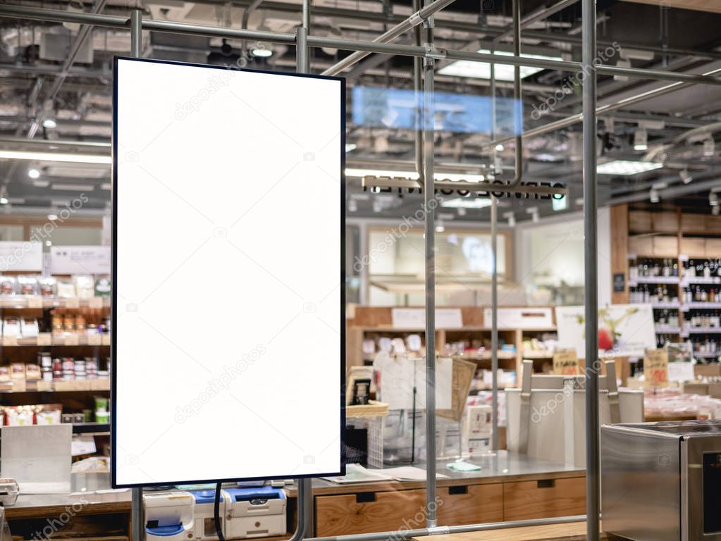 Blank Poster frame template in Supermarket blur People at cashier