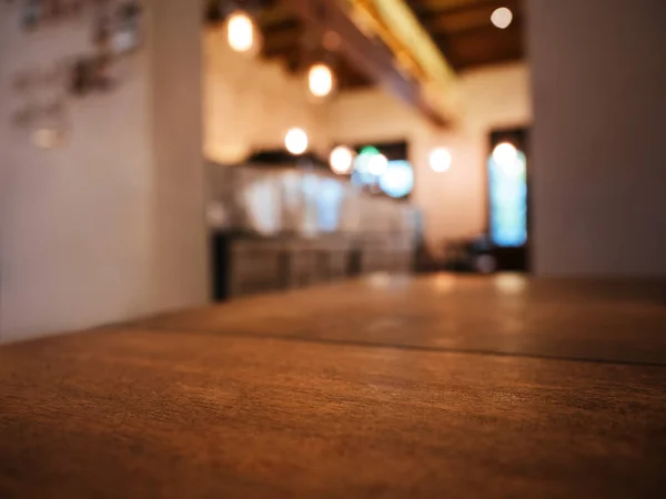 Mesa Encimera Madera Desenfoque Bar Restaurante Fondo Interior —  Fotos de Stock