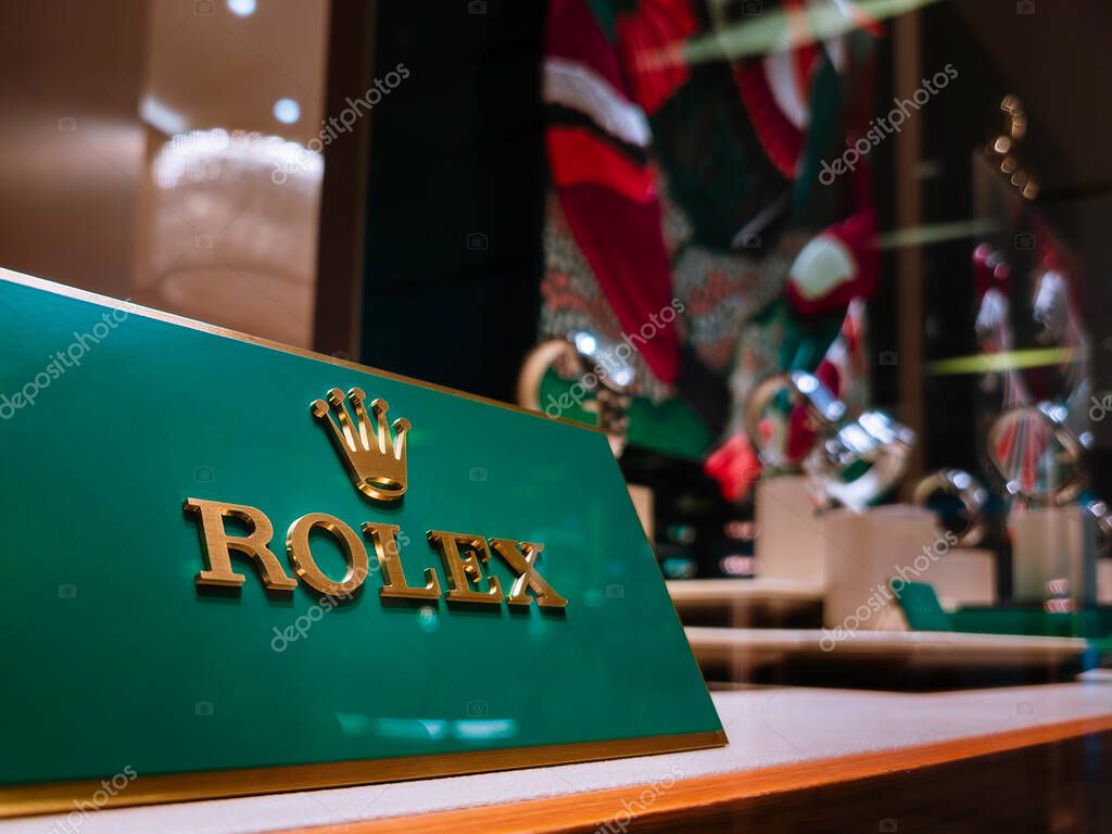Rolex logo sign Window display Swiss luxury watch brand Business : Bangkok, Thailand -Aug 6, 2025