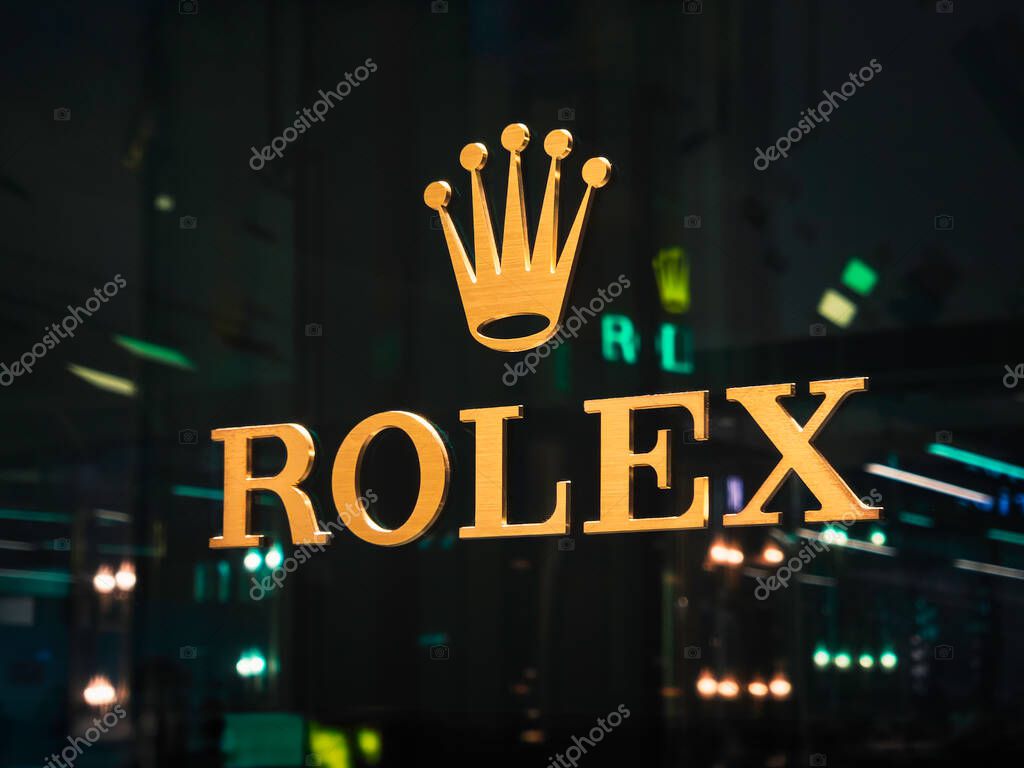 Rolex logo sign Shop front signage Swiss luxury watch brand Business : Bangkok, Thailand - Aug 26, 2025