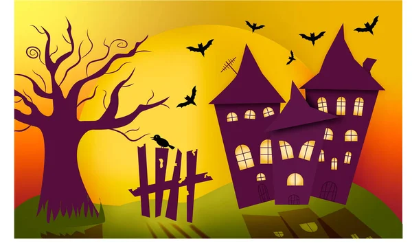 Illustration Halloween Banner Mit Dem Mond Fledermäusen Gruseligen Häusern Und — Stockvektor