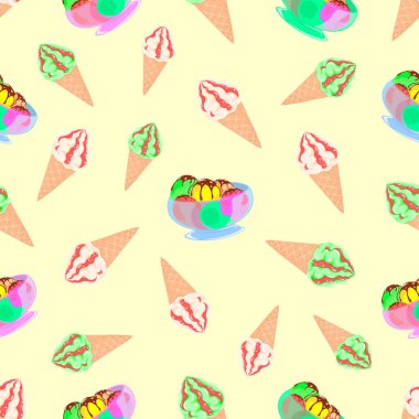 Dondurma, tatlı, şekerlemeci, vektör, illüstrasyon, izole edilmiş arka plan, sanat, yemek, reçel, waffle konisi çeşitlerinin tadını çıkarın.