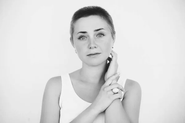 Profile Young Beautiful Short Haired Young Woman Black White — Stock Photo, Image