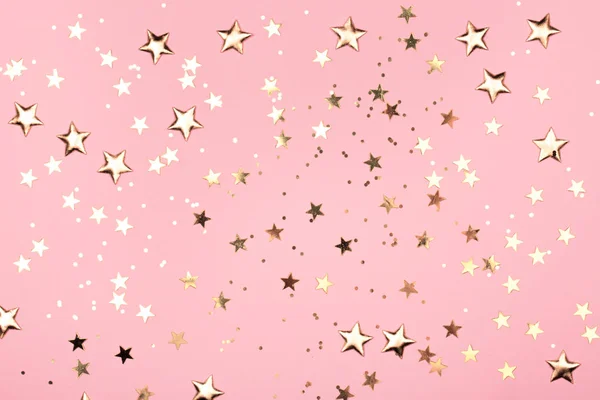 Χρυσά Αστέρια Λάμπουν Ροζ Φόντο Εορταστική Παστέλ Φόντο Διακοπών — Φωτογραφία Αρχείου