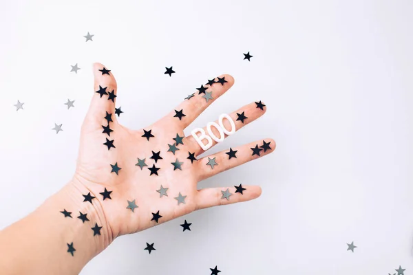 Hand Mit Sternen Und Buh Text Halloween Konzept — Stockfoto