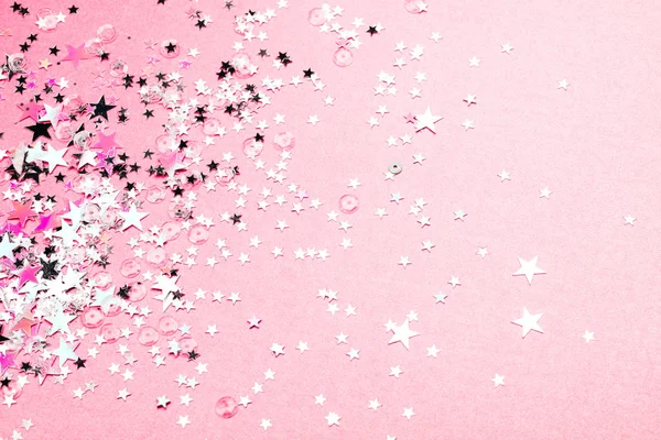 Silver Star Glitter Pink Pastel Background Festive Concept Place Design — Stock Photo, Image