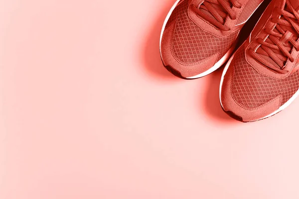 Coral Sneakers Onpastel Background Concept Healthy Lifestyle Food Everyday Training — Stock Photo, Image