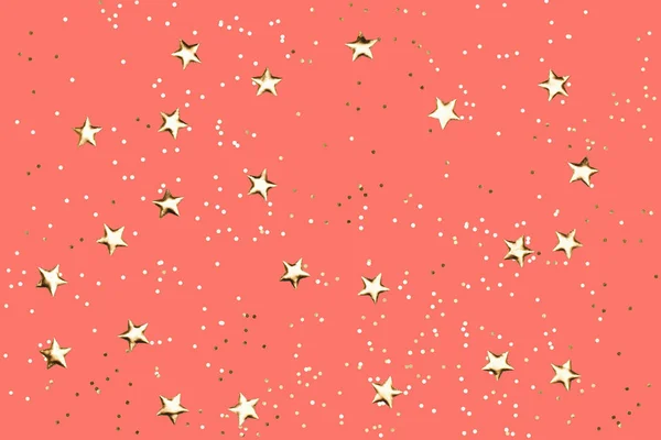 Коралловый Фон Блестками Золотыми Звездами Цвет 2019 Года Основная Концепция Стоковое Фото