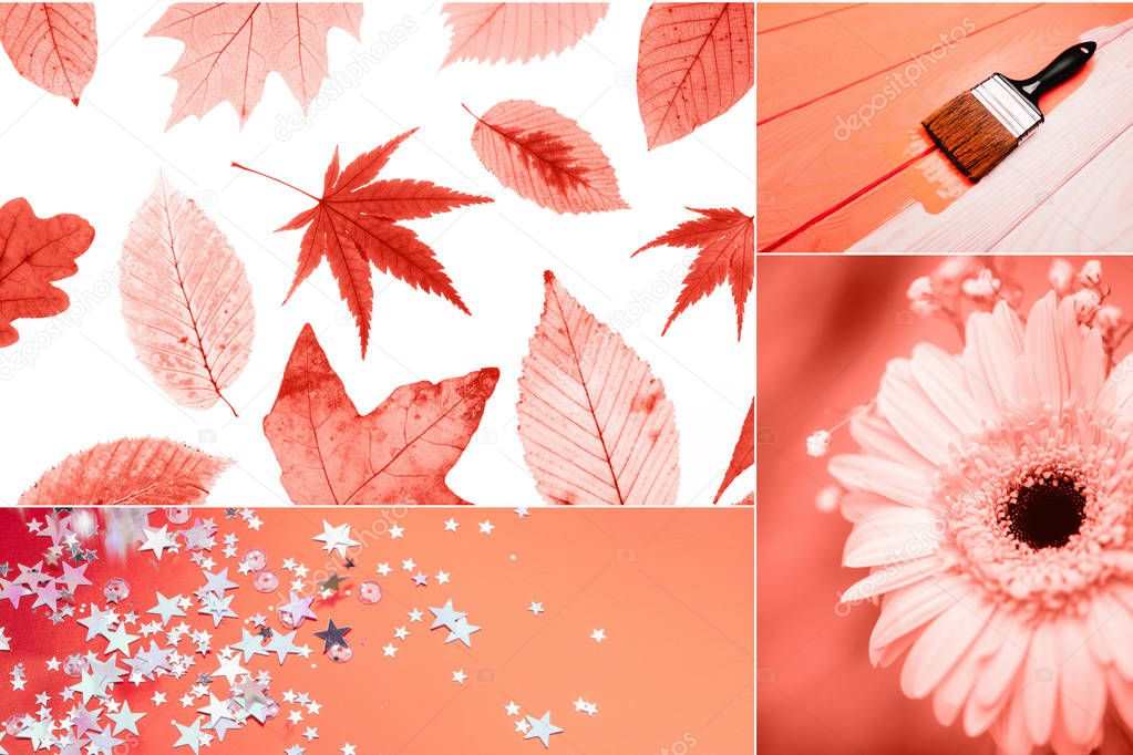 Creative collage in Living Coral color. Main trend concept. Natural and authentic mood.