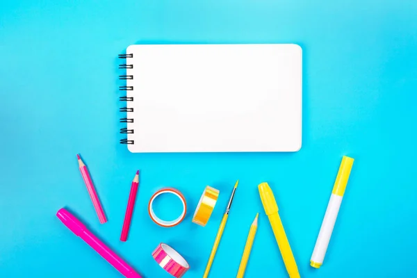 Collection School Items Opened Empty Notepad Flat Lay Style Back — Stock Photo, Image