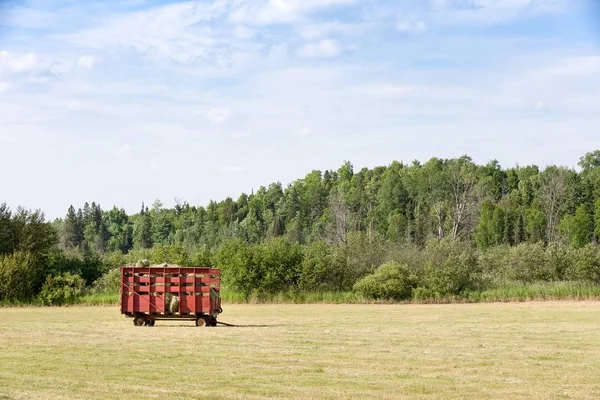 Czerwony siano wagon w pewien gospodarstwo pole — Zdjęcie stockowe