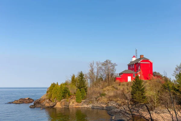 Faro Rojo Orilla Del Lago Superior Histórico Faro Marquette Harbor —  Fotos de Stock