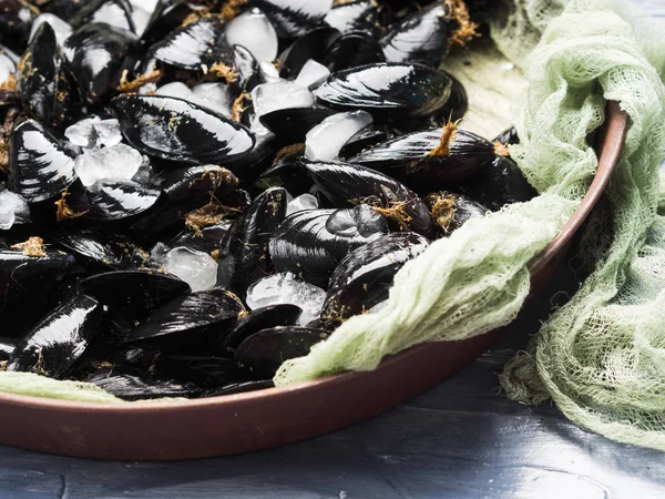 Mejillones frescos crudos en bandeja oxidada —  Fotos de Stock