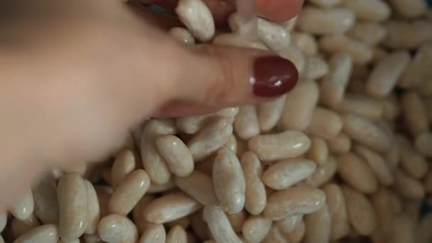 Fagioli cannellini bianchi risciacquati da una donna — Video Stock