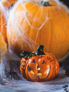 Halloween kabak ve mum. Örümcek net