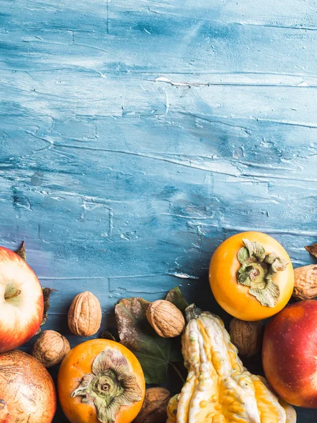 Autumn fruit thanksgiving blue background — Stock Photo, Image