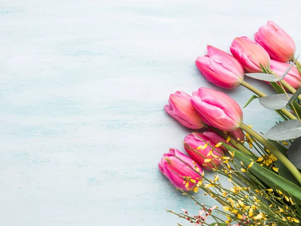 Hermosos tulipanes sobre fondo verde pastel — Foto de Stock