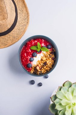 Ahududu ve tahıllı yoğurt kasesi.