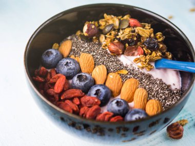 Granola ile yoğurt ahududu Smoothie kase