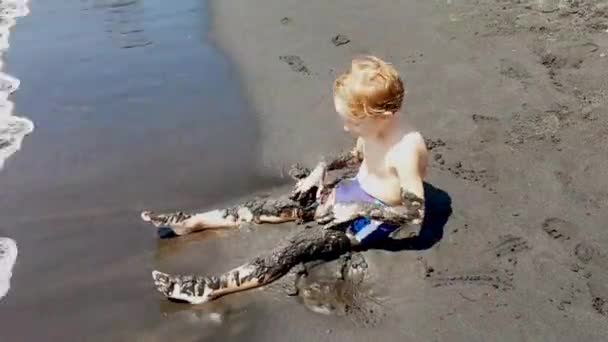 Little boy playing with sand on the beach — Stock Video