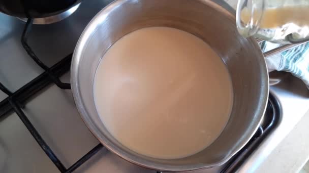 Pouring home made plant milk in a pan — Stock Video