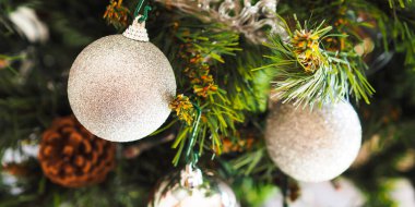 Gümüş süslemeli Noel ağacı. Şenlik havası